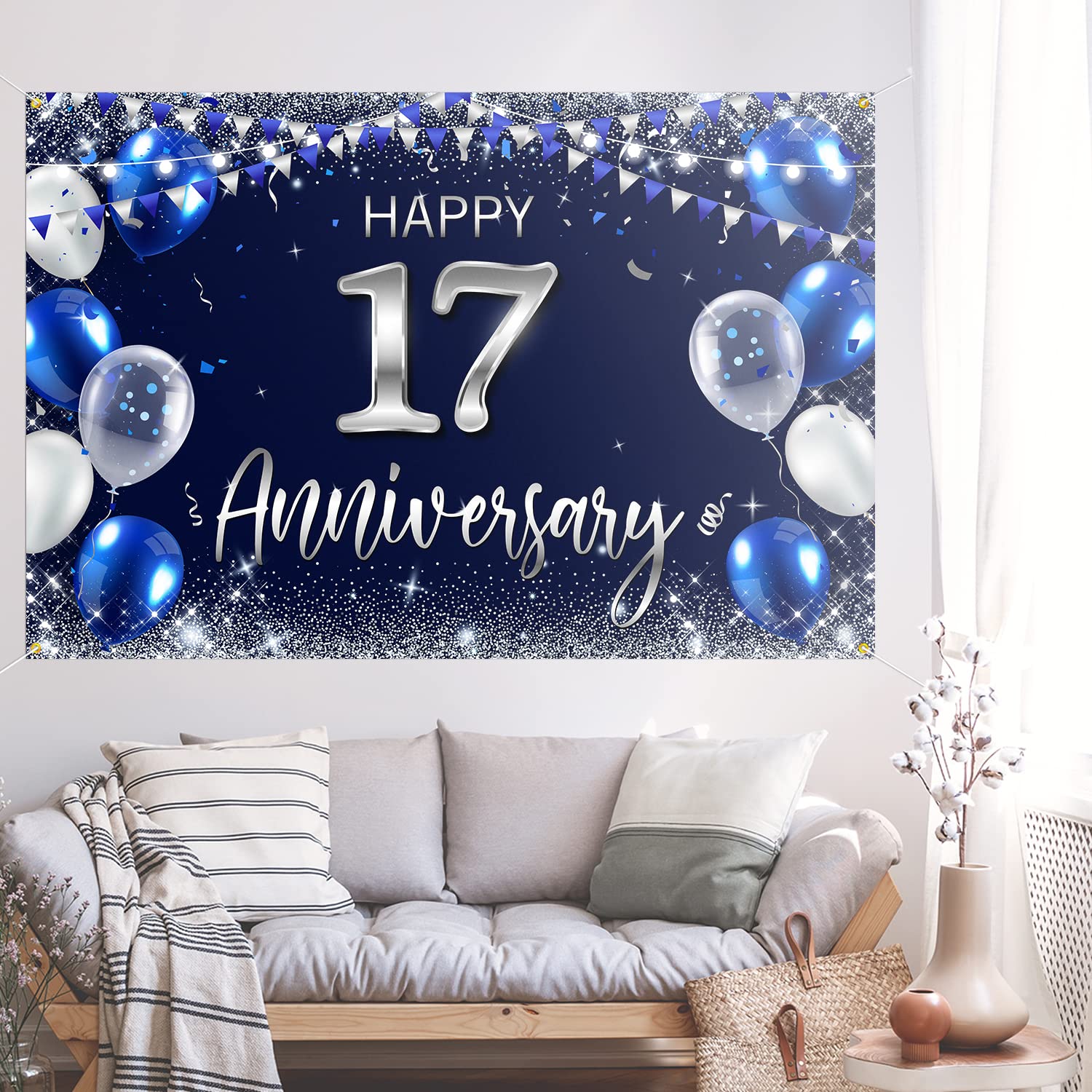 Amazon.com: Happy 17th Anniversary Backdrop Banner Decor Navy Blue